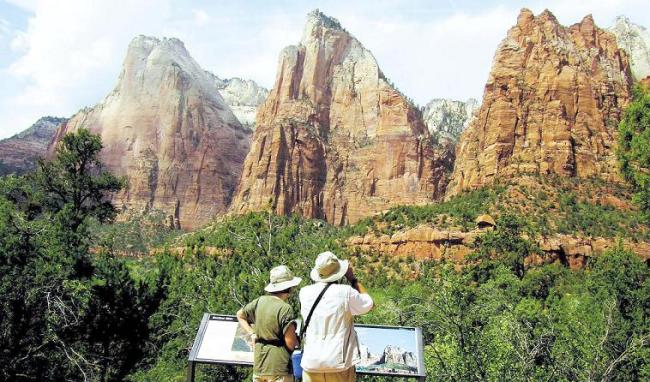 The rugged peaks of the Court of the Patriarchs are among the best-known features of Zion National Park in southwest Utah, which gets 3 million visitors a year. The peaks are named for the Biblical patriarchs Abraham, Isaac and Jacob. (Seattle Times/MCT)