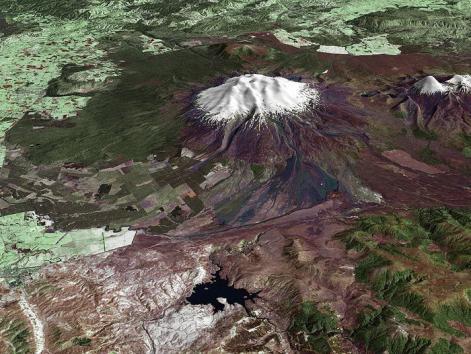 Composite image of Mount Ruapehu, North Island, New Zealand. Image is composed of satellite imagery from Landsat and topography data from the Shuttle Radar Topography Mission aboard the Space Shuttle Endeavour. Credit: NASA (UPI)