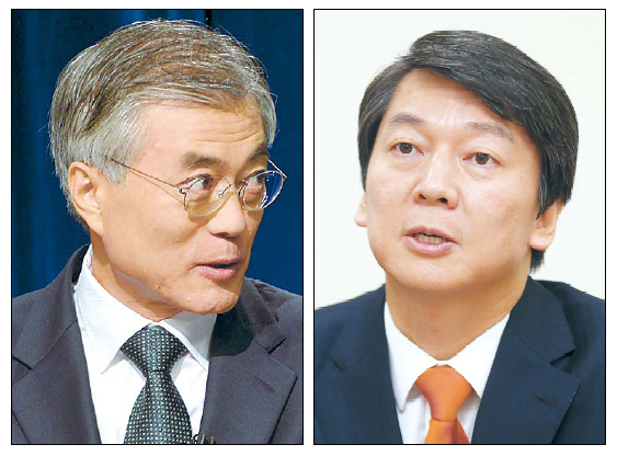 Democratic United Party presidential candidate Moon Jae-in (left), Independent presidential candidate Ahn Cheol-soo