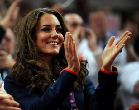 Kate Middleton, the Duchess of Cambridge, cheers on Great Britain`s entries in the Men`s Pommel Horse Apparatus Finals at the North Greenwich Arena during the London 2012 Summer Olympics in Greenwich, London, Aug. 5, 2012. (UPI)