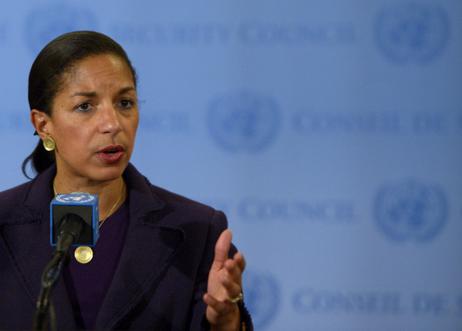 U.S. Ambassador to the United Nations Susan Rice speaks to reporters at the U.N. headquarters in New York on Tuesday. (Xinhua-Yonhap News)