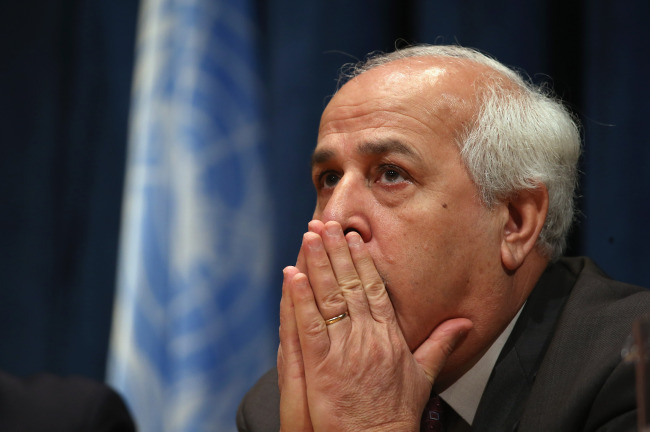 Ambassador Riyad Mansour of the Permanent Observer Mission of Palestine to the United Nations prepares to hold a press conference in New York City. (AFP-Yonhap News)