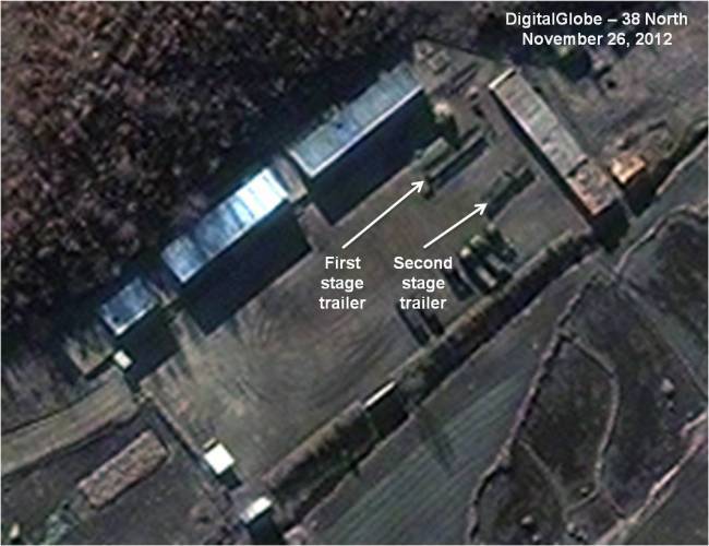 This Nov. 26 satellite image provided by DigitalGlobe and annotated by 38 North shows the Sohae Satellite Launch Station in Cholsan County, North Pyongan Province, North Korea. (AP-Yonhap News)