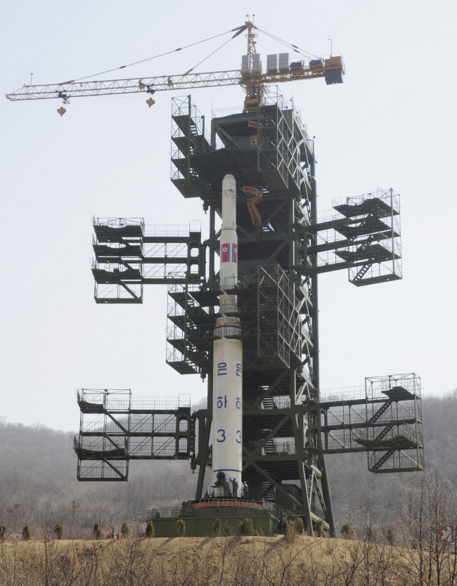 This picture shows the Unha-3 rocket, installed at the launch pad in Tongchang-ri, North Korea. The rocket was fired on April, 13 but failed to reach orbit. (Yonhap News)