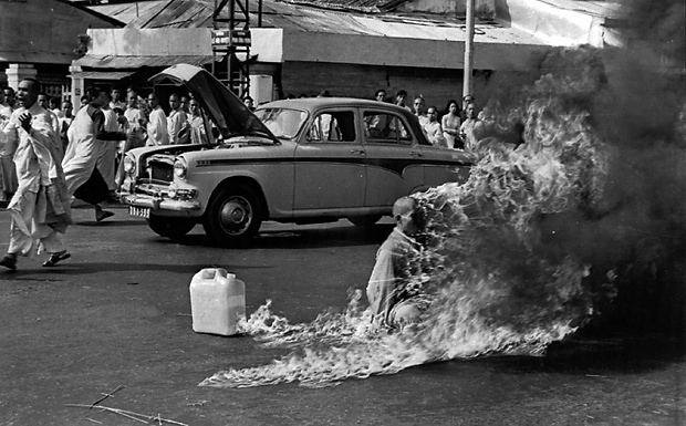 A Buddhist monk burns after setting himself on fire in a Saigon street on June 11, 1963. (AP)