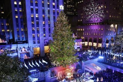 In this, Nov. 28, 2012, photo, the Rockefeller Center Christmas tree is lit during the 80th annual tree lighting ceremony at Rockefeller Center in New York. Scientists are working to decipher the DNA code of conifers, like this Norway spruce at Rockefeller Center in New York. (AP Photo/Kathy Willens)