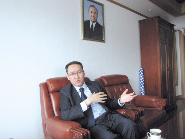 Kazakh Ambassador to Korea Dulat Bakishev gestures during an interview with The Korea Herald at his office in the diplomatic district of Hannam-dong in Seoul on Dec. 7. (Philip Iglauer/The Korea Herald)