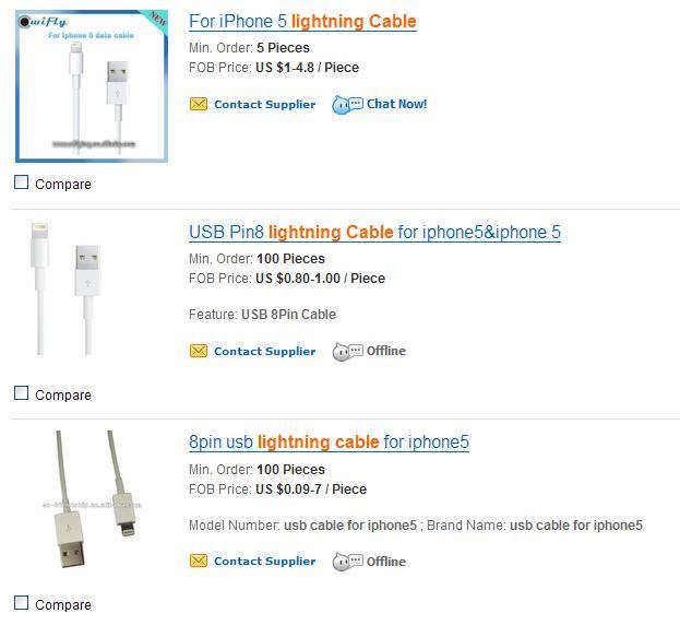 Alibaba, one of the biggest online wholesale shopping mall in China, offers duplicate 8-pin Lightening Cables at giveaway prices. (Alibaba/The Korea Herald)