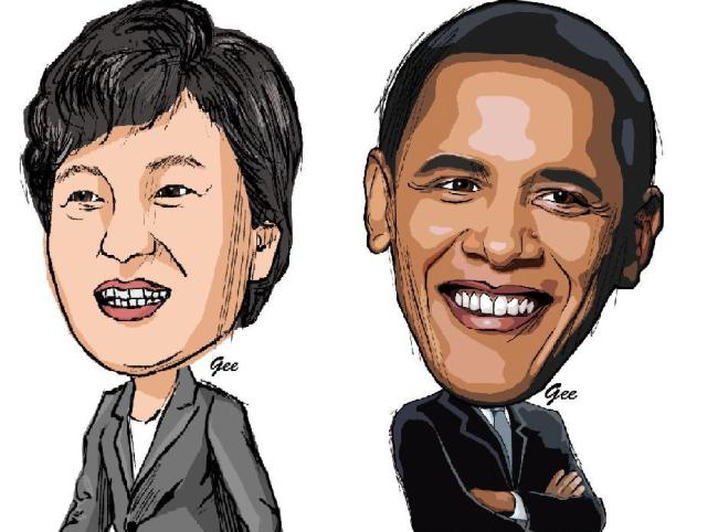 Park Geun-hye (left) and Barack Obama (Illustration by Park Gee-young/코리아헤럴드 박지영)