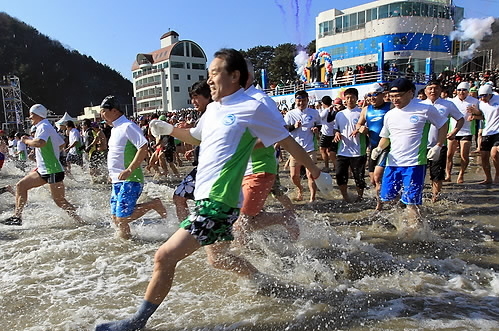 Participants run into the water at a previous Gojedo International Penguin Swimming Festival. (Yonhap News)