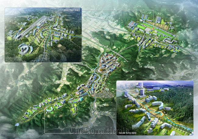 A scale drawing of the proposed International Science and Business Belt that includes the Institute for Basic Science and Korea Rare Isotope Accelerator. The development is due to be completed by 2017 on a 3.6 square-kilometer area in Daejeon. (ISBB)