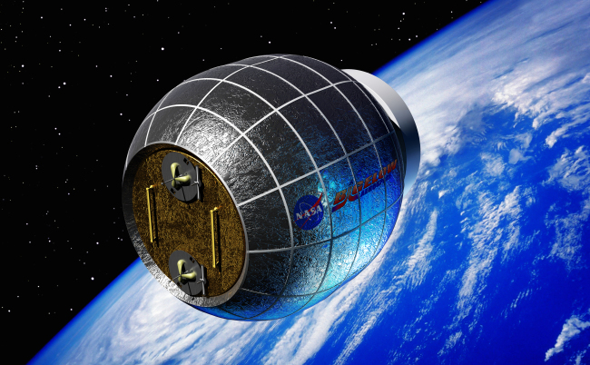 This artist’s rendering provided by Bigelow Aerospace shows a Bigelow inflatable space station. NASA is partnering with this commercial space company to test an inflatable room that can be compressed into a 7-foot tube for delivery to the International Space Station. (AP-Yonhap News)