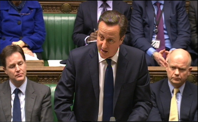 In this TV image, Britain’s Prime Minister David Cameron speaks in the House of Commons in London on Monday. (AP-Yonhap News)