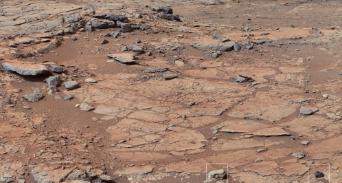 This image released by NASA shows the view of Curiosity’s planned first drilling site. (AP-Yonhap News)