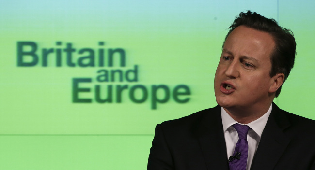 British Prime Minister David Cameron delivers a speech on Europe in London on Wednesday. (Bloomberg)