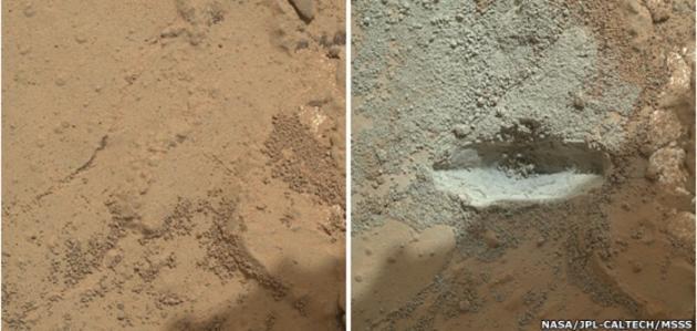 Before and after shots of rock being drilled by Curiosity rover. Credit: NASA/JPL/Caltech (UPI)