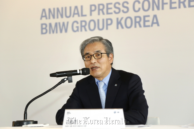 BMW Korea CEO Kim Hyo-joon speaks during a press conference held at a Seoul hotel on Thursday. (BMW Korea)