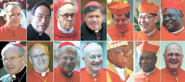 Cardinals likely to succeed Pope Benedict XVI, who announced he will step down at the end of this month after an eight-year pontificate. Top row from left: Brazilian Cardinal Claudio Hummes, Honduran Cardinal Oscar Andres Rodrigues Maradiaga, Argentine Archbishop Jorge Mario Bergoglio, Mexican Cardinal Norberto Rivera Carrera, Brazilian Joao Braz de Aviz, Philippines’ Luis Antonio Tagle, and Nigerian Peter Turkson. Bottom row from left: Austrian Cristoph Schonborn, Hungarian Peter Erdoe, Italian Angelo Scola, Canadian Marc Ouellet, Nigerian Francis Arinze, Nigerian John Onaiyekan, and the United States’ Timothy Dolan. (AFP-Yonhap News)