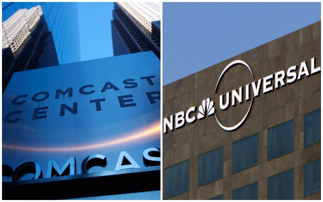 Combination photos of the Comcast Center (left) in Philadelphia and the Universal Studios theme park in Los Angeles. (AP-Yonhap News)