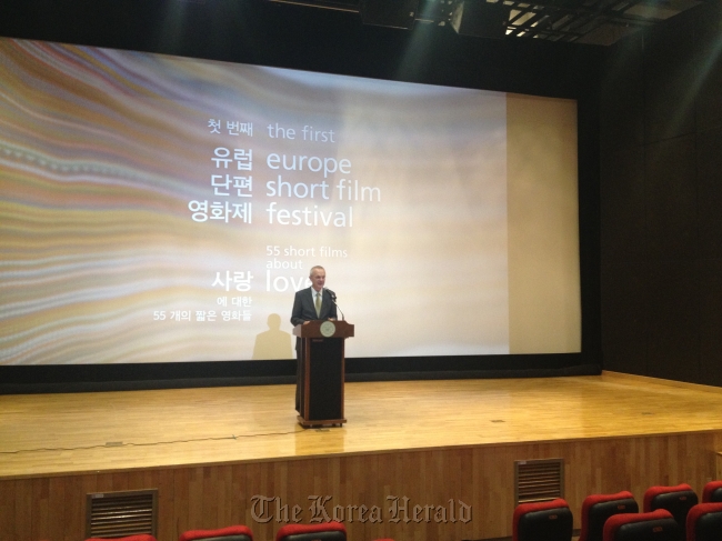 Dutch Ambassador to Korea Paul Menkveld delivers opening remarks before the screening of four shorts on the first day of “Europe Will Love You, the European Short Film Festival” at Konkuk University’s KU Cinematheque movie theater in Seoul on Friday. (Philip Iglauer/The Korea Herald)