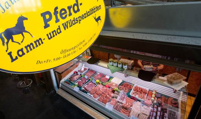 Horse meat is on display at a meat stand in the market hall in Hanover, northern Germany. (AFP-Yonhap News)