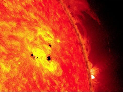 The bottom two black spots on the sun, known as sunspots, appeared quickly over the course of Feb. 19-20. These two sunspots are part of the same system and are over six Earths across. Credit: NASA/SDO/AIA/HMI/Goddard Space Flight Center (UPI)