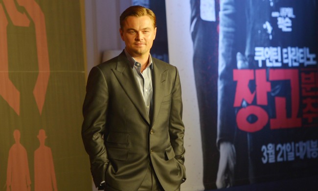 Hollywood actor Leonardo DiCaprio poses during a press conference promoting his film 