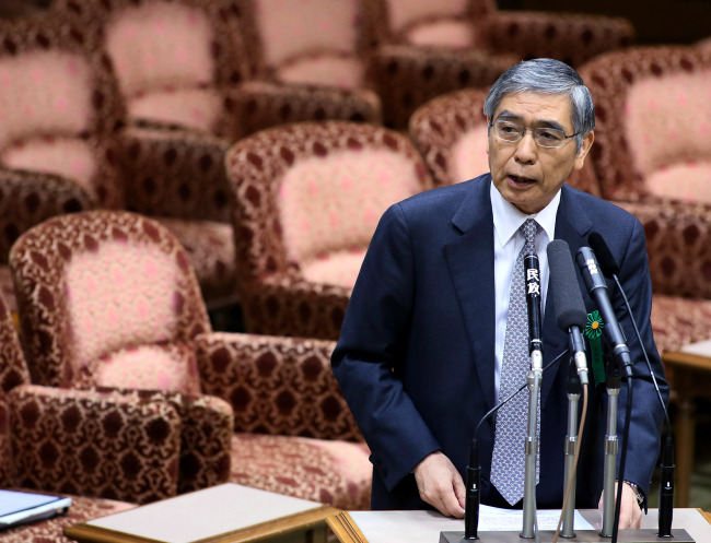 Haruhiko Kuroda, president of the Asian Development Bank and nominee for governor of the Bank of Japan, speaks during a confirmation hearing at the lower house of Parliament in Tokyo on Monday. (Bloomberg)