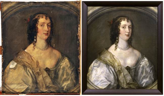 A combo of handout pictures received on Monday from The Bowse Museum shows Sir Anthony Van Dyck’s painting of Olivia Boteler Porter, lady-in-waiting to Henrietta Maria, the wife of English king Charles I, before restoration (left) and after restoration at The Bowse Museum in Bernard Castle, northeast England. (AFP-Yonhap News)