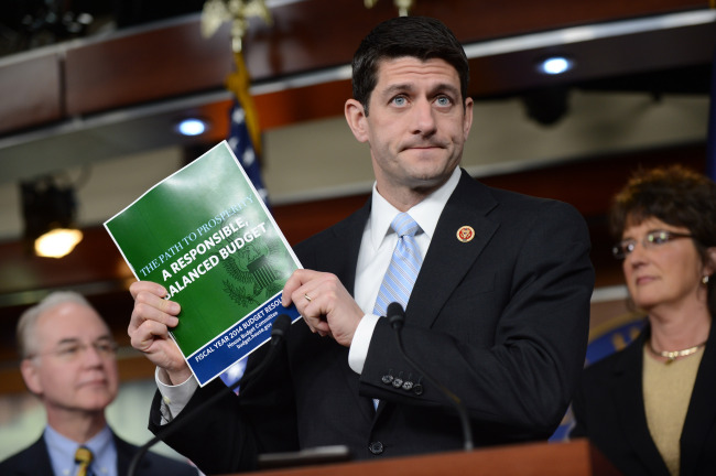 Chairman of the House Budget Committee Paul Ryan releases the House Budget Committee’s Fiscal Year 2014 Budget Resolution during a press conference on the budget, on Capitol Hill in Washington, D.C., Tuesday. (UPI-Yonhap News)