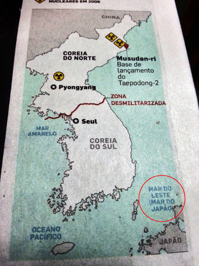 The map used by O Estado de S. Paulo, a major Brazilian daily newspaper, which designates the sea between Korea and Japan as “Mar do Leste (Mar do Japao),” meaning the East Sea (the Sea of Japan) (Yonhap News)