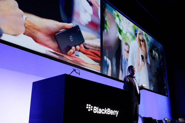 Thorsten Heins, CEO of BlackBerry, speaks during the launch of the BlackBerry Z10 smartphone in Sydney on Monday. (Bloomberg)