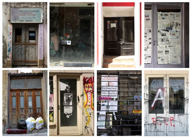 A combo pictures shows doors of shops that closed down in Nicosia due to the economic crisis in Cyprus. (AFP-Yonhap News)