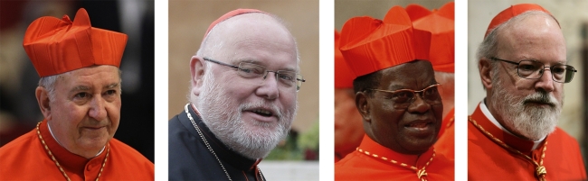 (From left) Cardinal Francisco Javier Errzuriz Ossa, Cardinal Reinhard Marx, Cardinal Laurent Monsengwo Pasinya and Cardinal Sean Patrick O’Malley. (AP-Yonhap News)