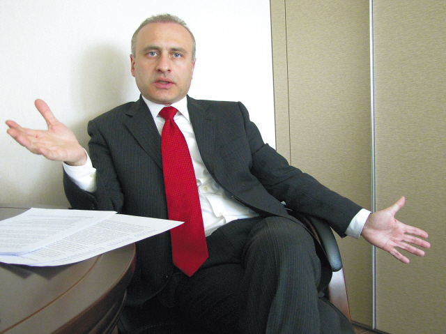 Georgian Ambassador Nikoloz Apkhazava gestures during an interview with The Korea Herald at his office in Seoul, Monday. (Philip Iglauer/The Korea Herald)