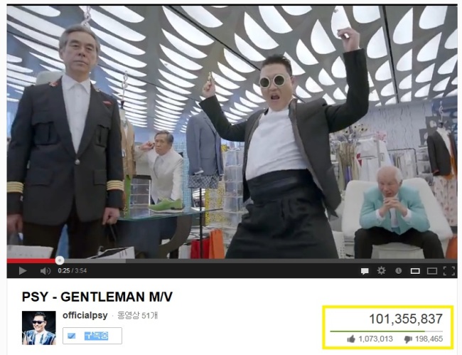 A captured YouTube image, provided by YG Entertainment, shows Psy’s music video “Gentleman,” topping 100 million hits. (Yonhap News)