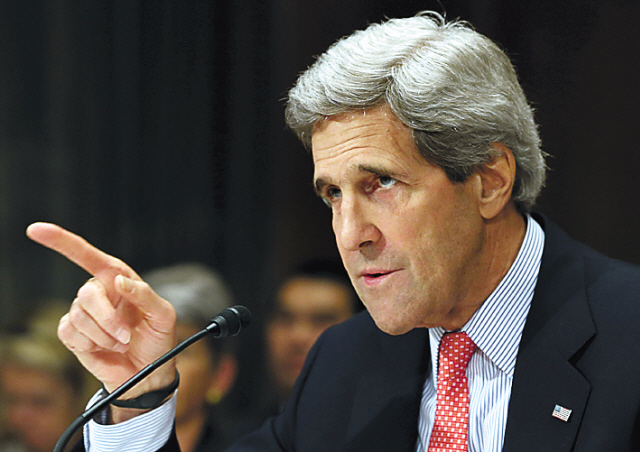 U.S. Secretary of State John Kerry speaks during a Senate Appropriations Committee hearing on Capitol Hill, Wednesday. (AFP-Yonhap News)