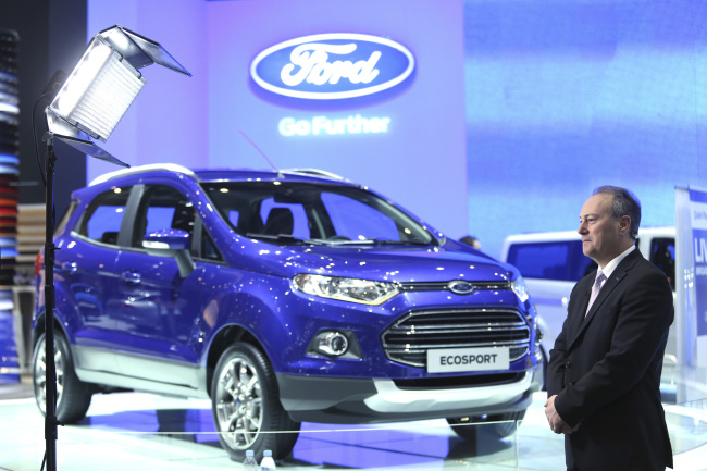 Stephen Odell, chief executive officer of Ford’s Europe unit, pauses during a television interview during the 83rd Geneva International Motor Show on March 5. (Bloomberg)