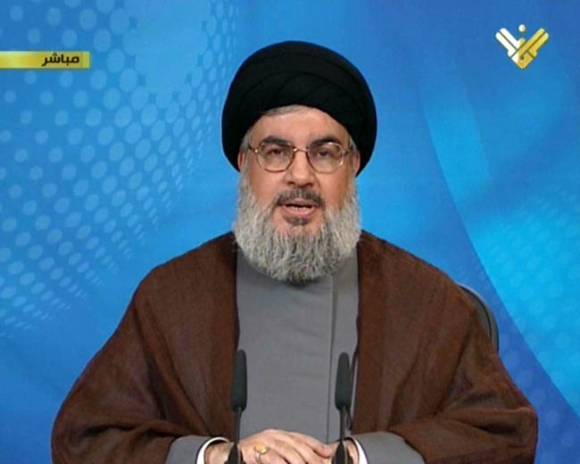 An image grab taken from Lebanon’s Hezbollah-run Manar TV shows Hezbollah leader Hassan Nasrallah delivering a speech from an undisclosed location in Lebanon on Tuesday. (AFP-Yonhap News)