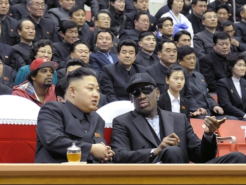 Kim Jong-un and Dennis Rodman attend a basketball game in North Korea in late February. (AFP)