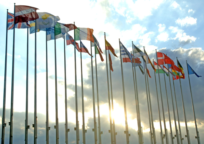 European Union member flags fly outside the Louise Weiss Building at the European Parliament in Strasbourg, France. (Bloomberg)