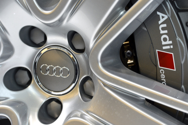 The Audi logo is seen on the ceramic brake of an Audi RS7 Quattro automobile. (Bloomberg)