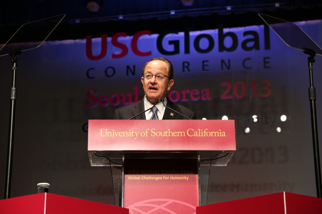 C.L. Max Nikias, president of USC, speaks during the USC Global Conference in Seoul on May 24. (USC)