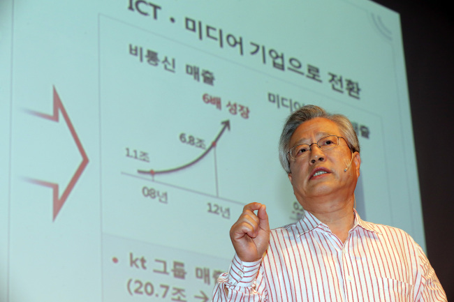 KT chairman Lee Suk-chae speaks about the company’s investment plan at a news conference in Seoul on Tuesday. (Yonhap News)