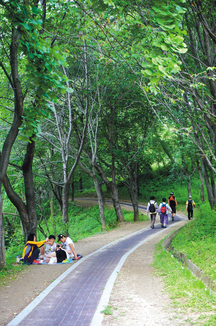 A mountain trail on Mt. Buksan (Lee Woo-young/The Korea Herald)