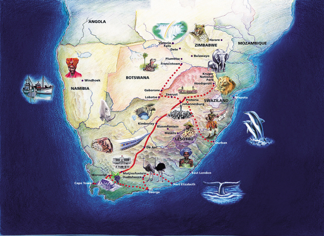 A map of the route from Pretoria to Cape Town (The Blue Train)