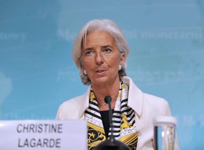 International Monetary Fund Managing Director Christine Lagarde attends a news conference at the headquarters of the IMF in Washington, D.C., Friday. (Xinhua-Yonhap News)