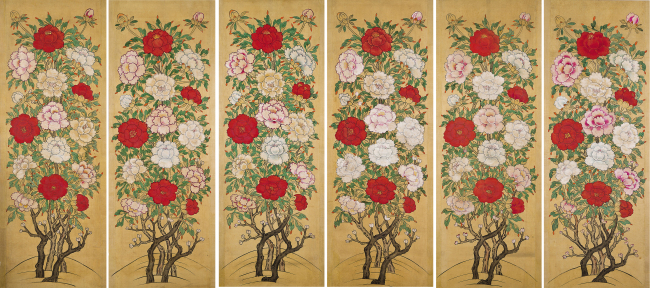 “Peonies” a six-panel folding screen from the 19th century. (Gana Art Gallery)