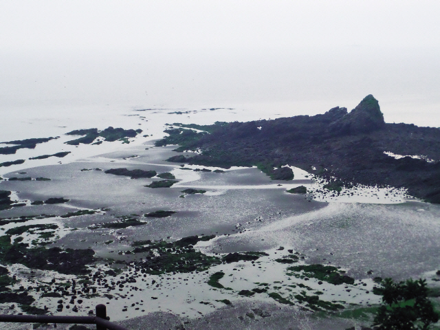 Tidal flats and mystic rocks of the West Sea are seen from Noeulgil, one of the seaside walking trail courses in Taean, South Chungcheong Province. (Claire Lee/The Korea Herald)