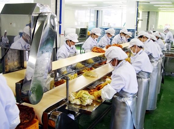 Workers make kimchi on Hansung Food’s production line in Bucheon, west of Seoul. (Hansung Food)